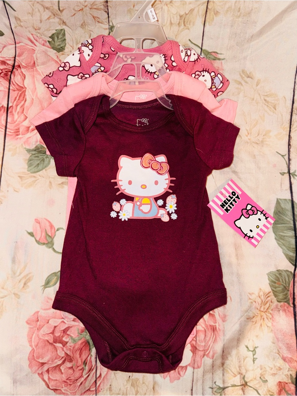 Hello Kitty Baby Girl 3 Pc Set 3 Bodysuits Strawberries Flowers 6/9 Months NWT